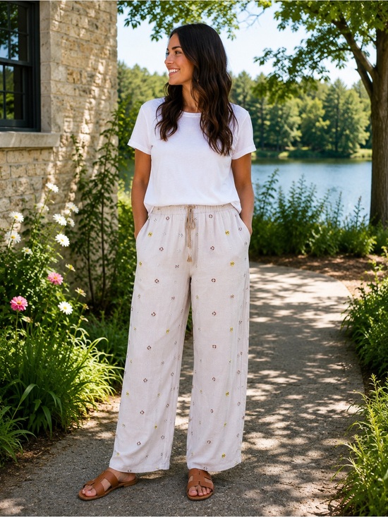 easel Pants - easel Light Beige Wide-Leg Embroidered Drawstring Pants